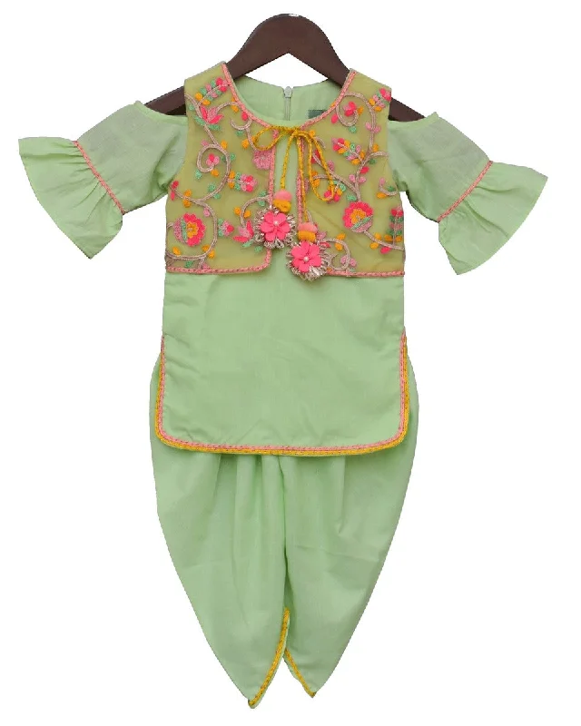 Pre-Order: Pista Green  Kurti and Dhoti with Embroidery Jacket