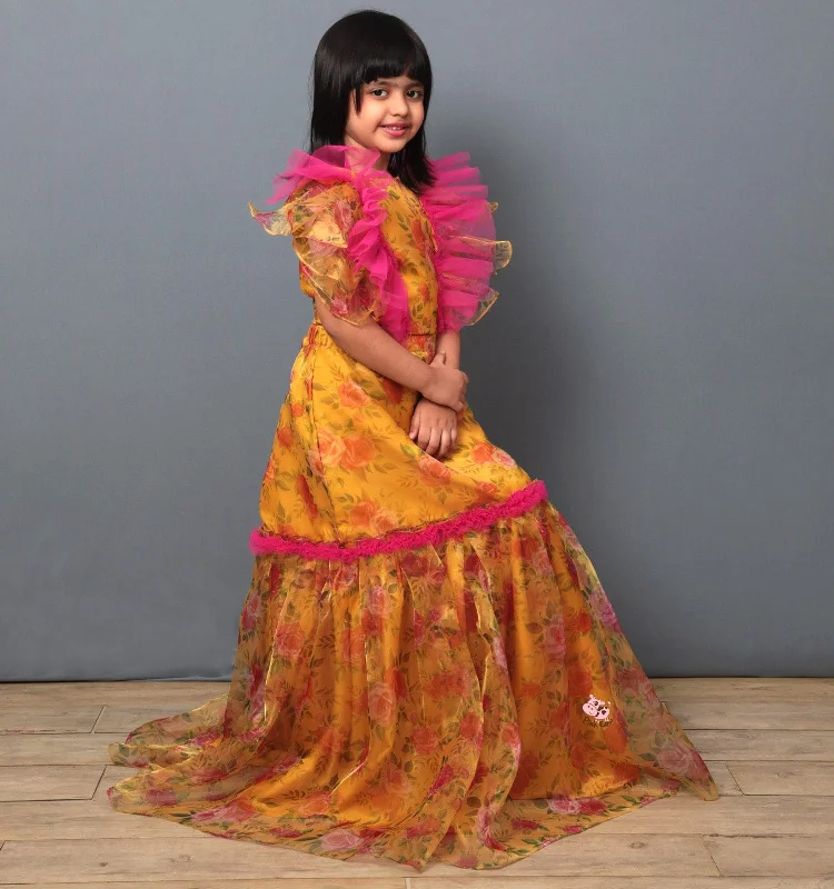 Pre-Order: Yellow Ghagra Choli in Printed Organza with Pink Frilled Top