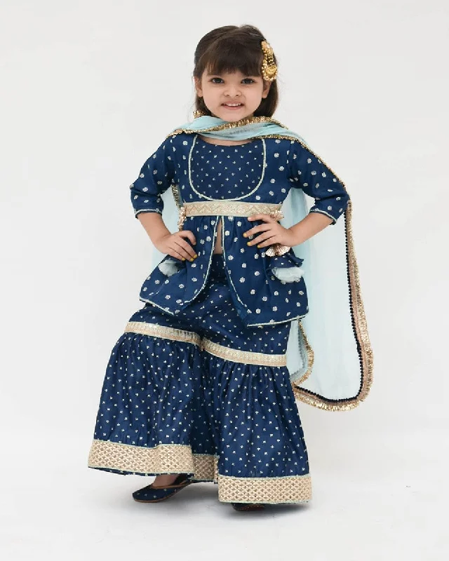 Pre-Order: Dark Blue Printed Kurti Sharara and Blue Dupatta