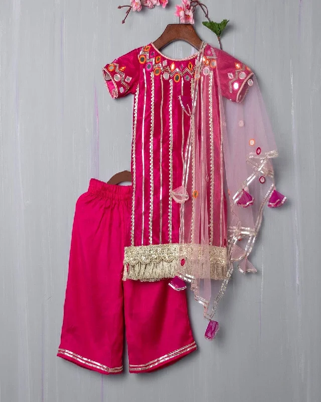 Pre-Order: Magenta Hand Embroidered Mirror work Kurta Palazzo