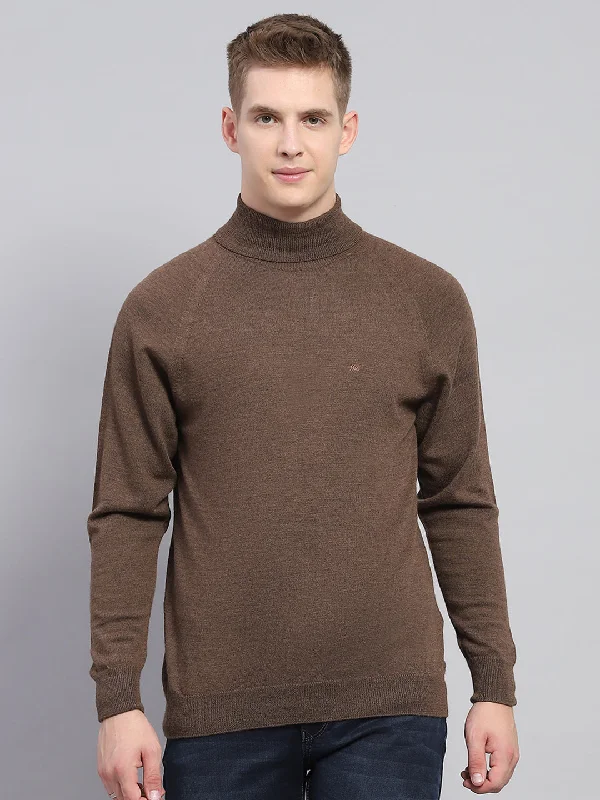 Men Brown Solid High Neck Full Sleeve Pullover