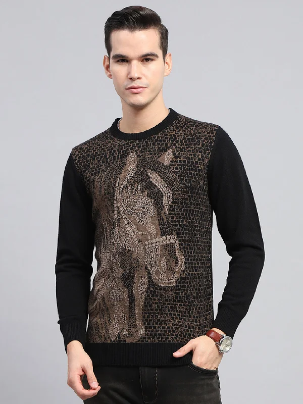 Men Black Self Design Round Neck Full Sleeve Pullover