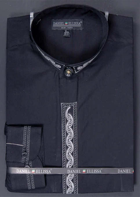 Basic Banded Collar Dress Shirt Wave Print in Black/Gray