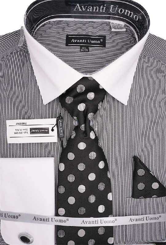 Black Pin Striped Dress Shirt Set with Tie and Handkerchief