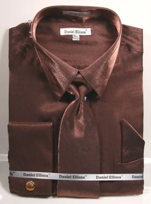 Brown Metallic Velvet Dress Shirt Set French Cuff