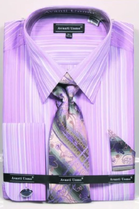 French Cuff Lavender Striped Pattern Dress Shirt Set with Tie, Cuff Links and Pocket Square