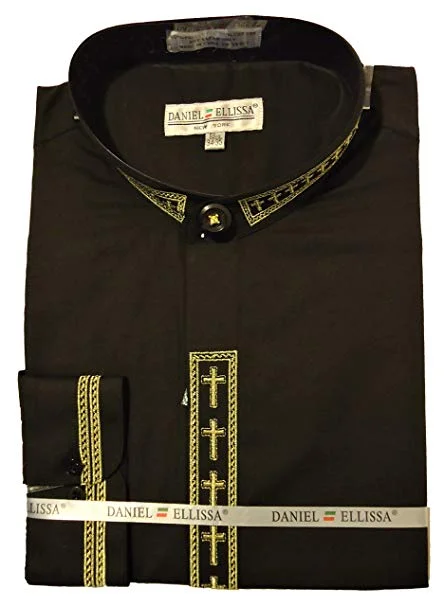 Men's Banded Collar Embroidered Convertible Cuff Shirt in Black/Gold