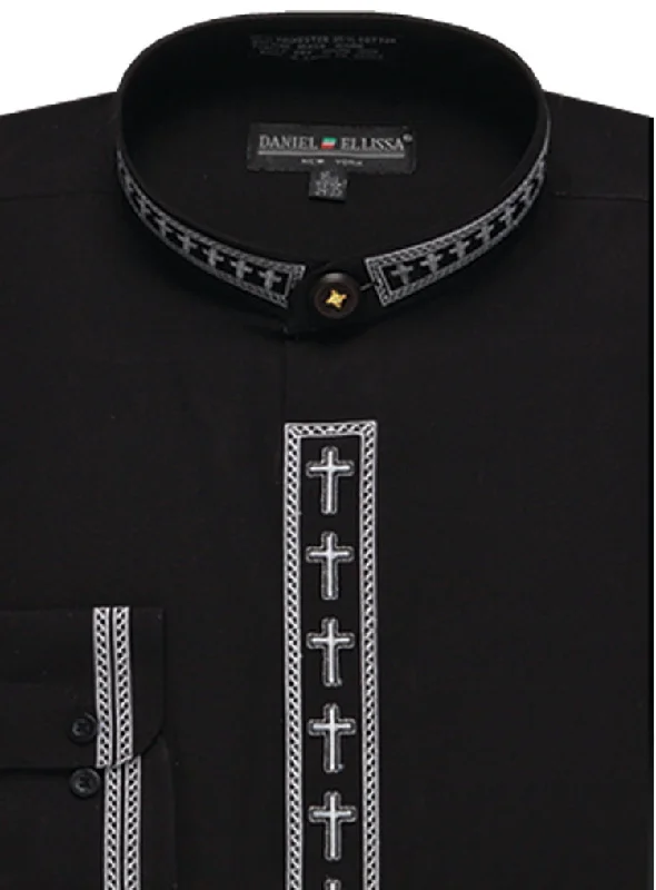 Men's Banded Collar Embroidered Convertible Cuff Shirt in Black/White