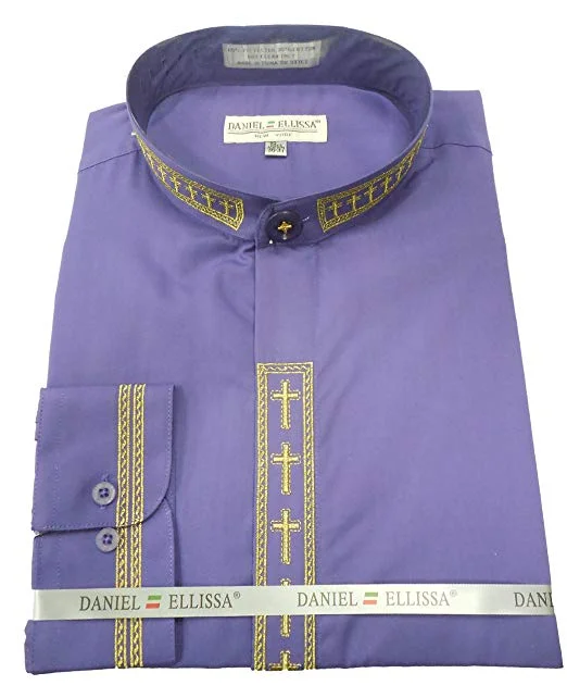 Men's Banded Collar Embroidered Convertible Cuff Shirt in Purple/Gold