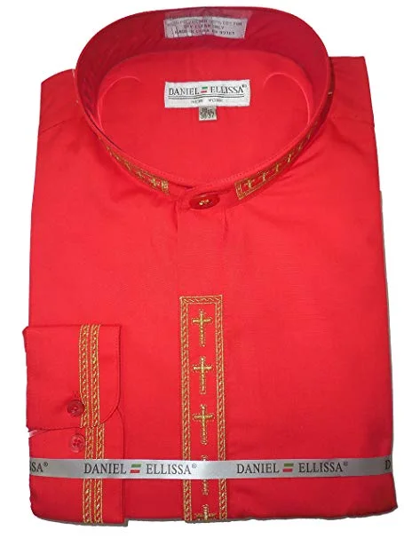 Men's Banded Collar Embroidered Convertible Cuff Shirt in Red/Gold