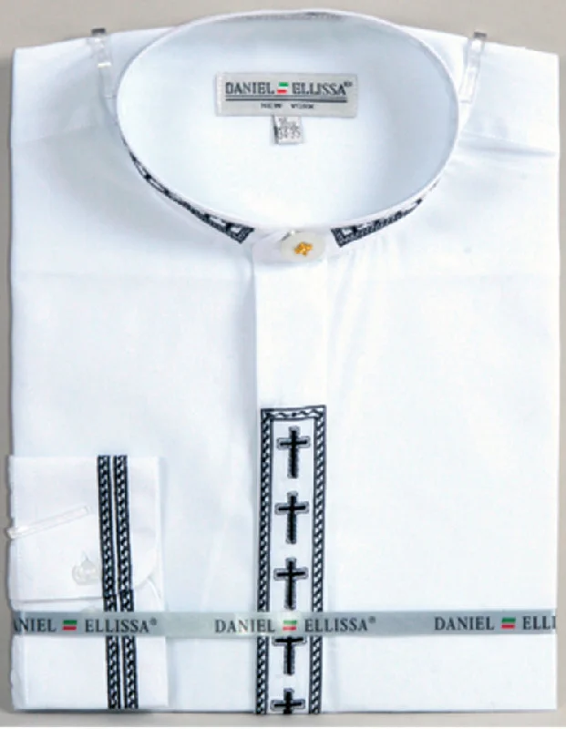 Men's Banded Collar Embroidered Convertible Cuff Shirt in White/Black