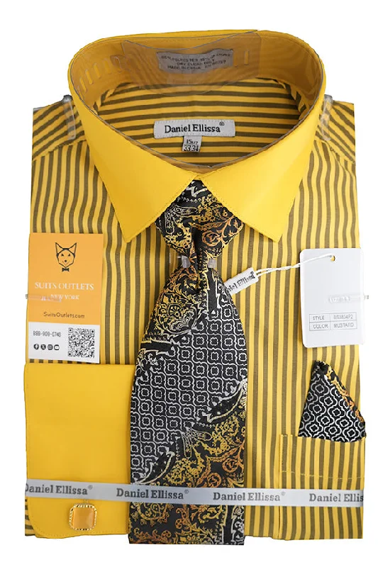 Mustard Black Bold Stripe French Cuff Dress Shirt with Tie, Cuff Links and Pocket Square