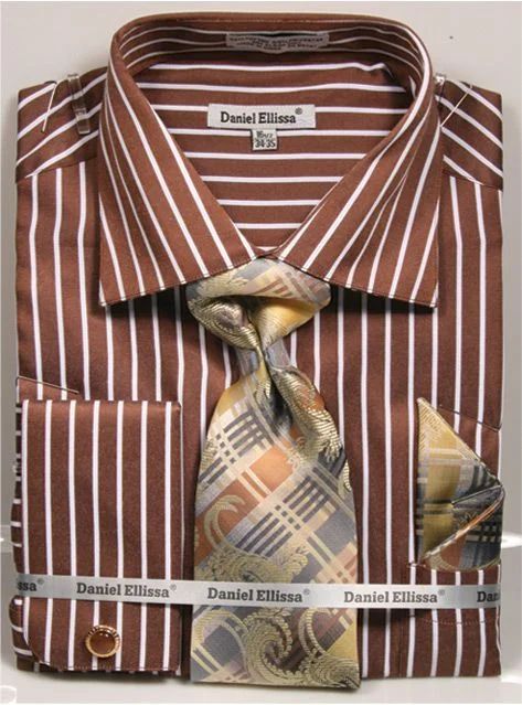 French Cuff Regular Fit Shirt Set Bold Stripe Brown with Tie, Cuff Links and Pocket Square