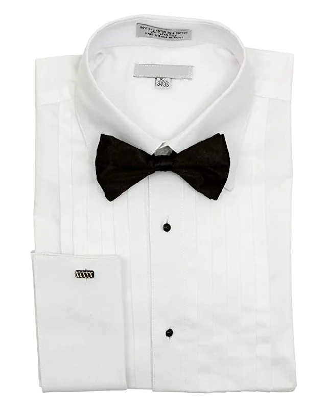 White Regular Fit Pointed Collar Half-Inch Pleated Tuxedo Shirt with Bow Tie