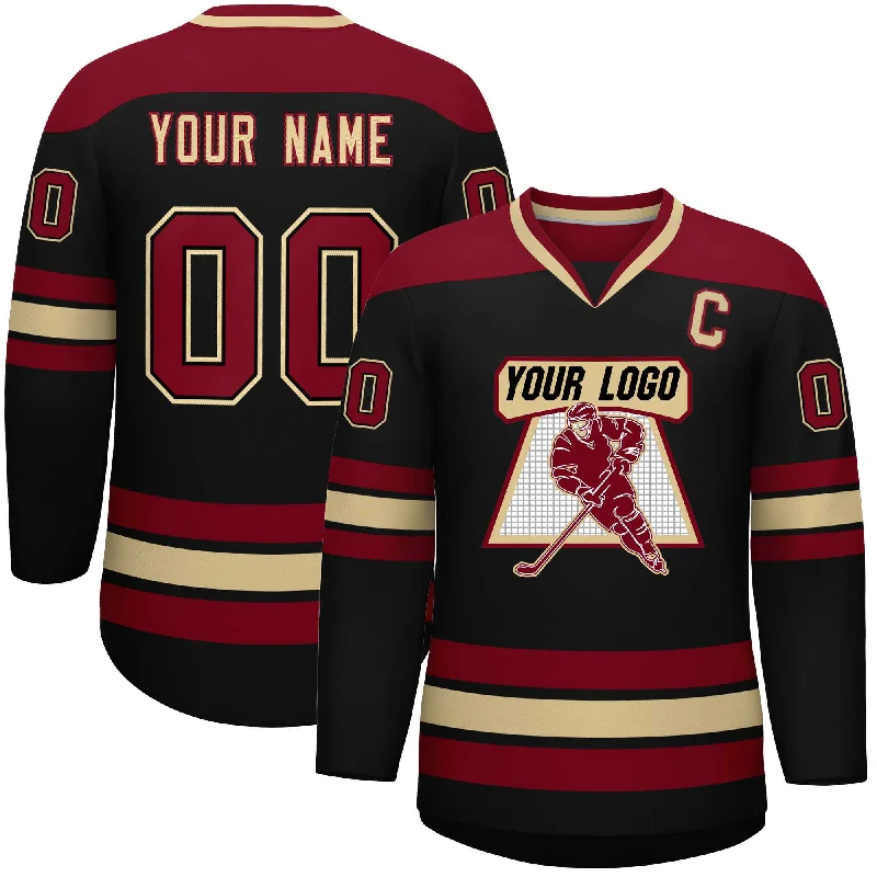 Custom Black Crimson-Khaki Personalized Classic V-Neck Hockey Jersey