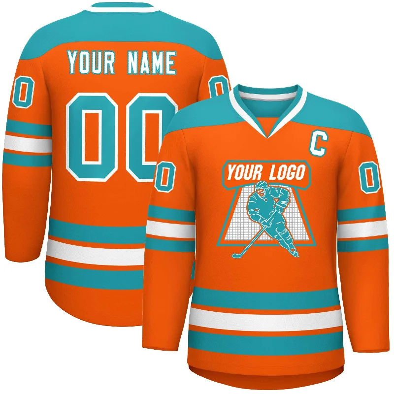 Custom Orange Aqua-White Personalized Classic V-Neck Hockey Jersey