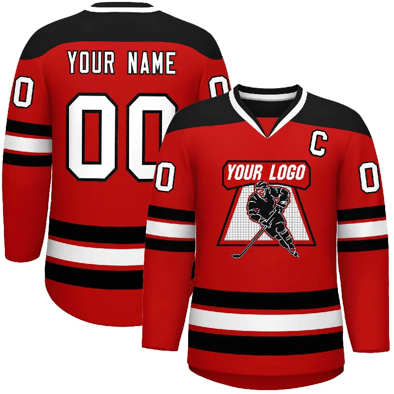 Custom Red Black-White Personalized Classic V-Neck Hockey Jersey