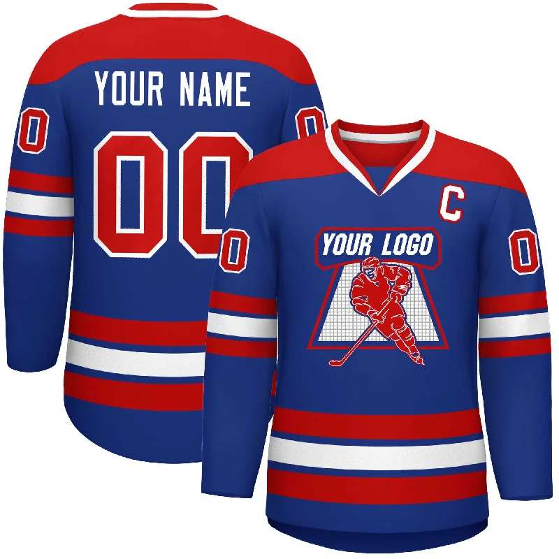 Custom Royal Red-White Personalized Classic V-Neck Hockey Jersey